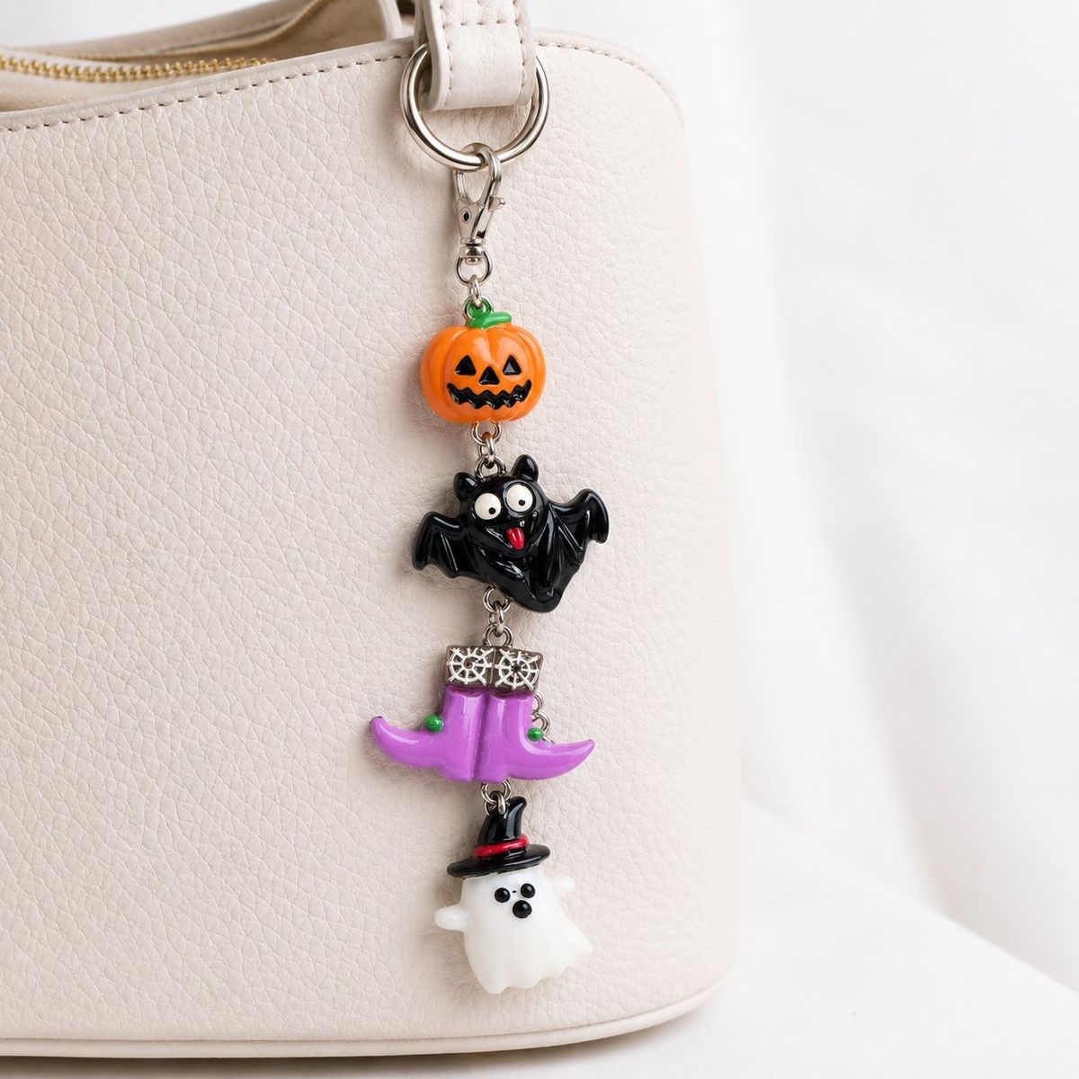 A Halloween-themed bag charm with four stacked resin figures — a jack-o'-lantern, black bat, purple witch hat, and white ghost with a top hat — attached to a cream handbag via a silver lobster clasp.