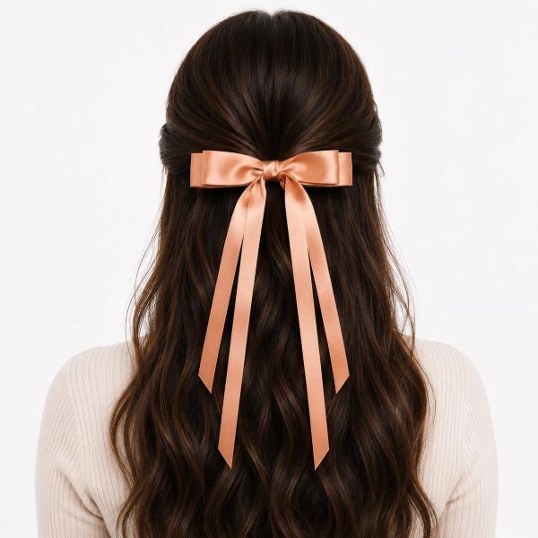 Back view of a woman with dark wavy hair wearing a large peach satin ribbon bow clip with long trailing tails in a half-up hairstyle.