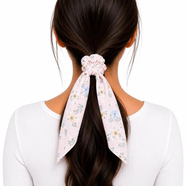 Back view of a woman wearing a pink floral scarf scrunchie with a long trailing fabric tail holding a dark ponytail.
