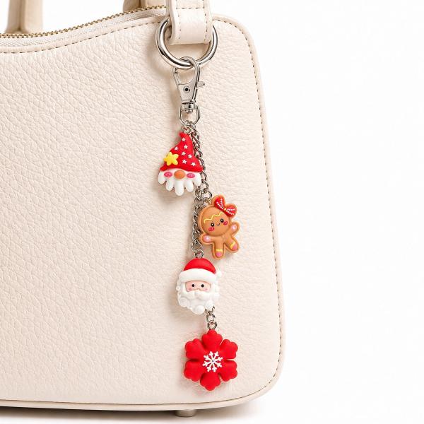 A silver chain key charm with four red and brown rubber charms — a Christmas gnome, gingerbread person, Santa Claus face, and red snowflake flower — clipped onto a cream handbag.