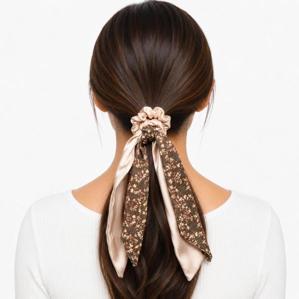 Back view of a woman wearing a brown floral and champagne satin scarf scrunchie in a low ponytail.