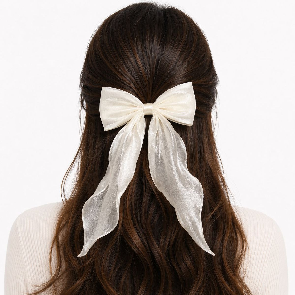 Back view of a woman with dark wavy hair wearing a large cream organza bow clip with long flowing tails, styled in a half-up look.