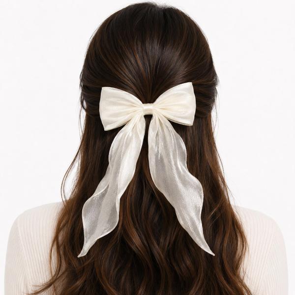 Back view of a woman with dark wavy hair wearing a large cream organza bow clip with long flowing tails, styled in a half-up look.