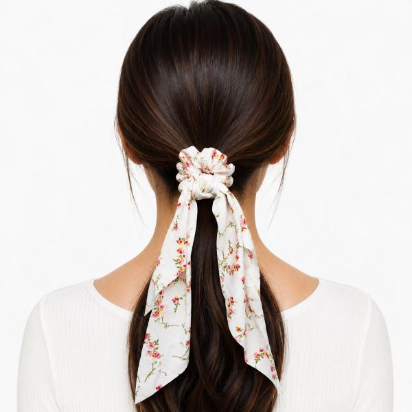 Back view of a woman wearing a white floral scarf scrunchie with long flowing ribbon tails holding a dark ponytail.