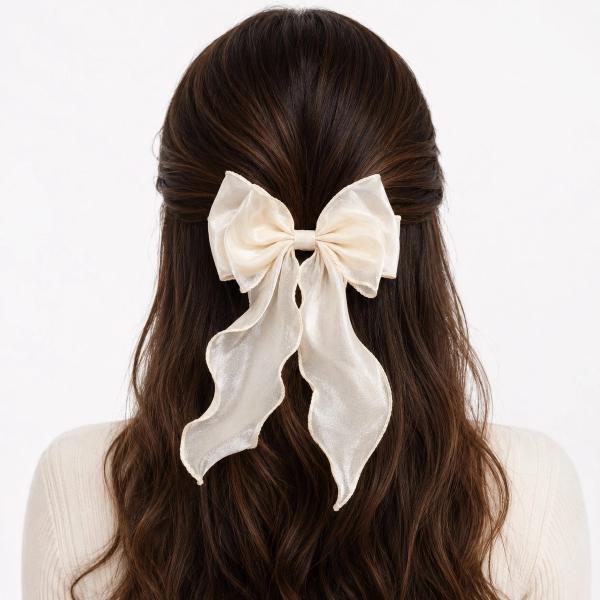Back view of a woman with dark wavy hair wearing a large cream organza bow clip with long flowing scalloped tails in a half-up hairstyle.