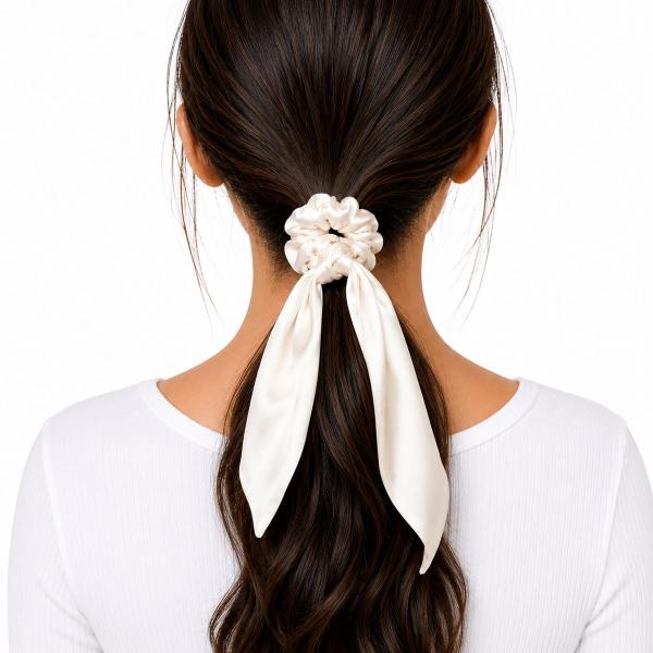 Back view of a woman with dark hair in a ponytail secured by a cream satin scarf scrunchie with a long flowing tail.
