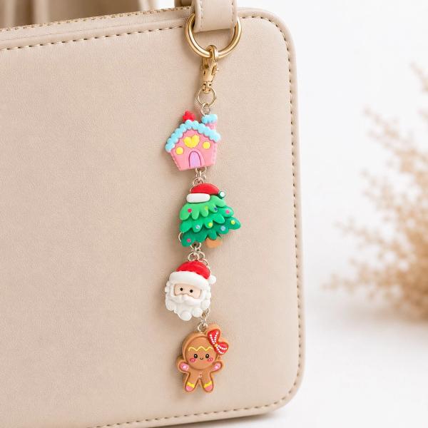 A multi-charm holiday keychain with a pink gingerbread house, green Christmas tree, Santa Claus face, and gingerbread person connected by chain links and a gold lobster clasp, hanging from a beige handbag.