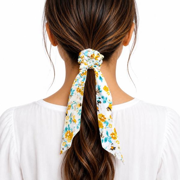 Back view of a woman wearing a white floral scarf scrunchie with yellow and teal flowers in her ponytail.