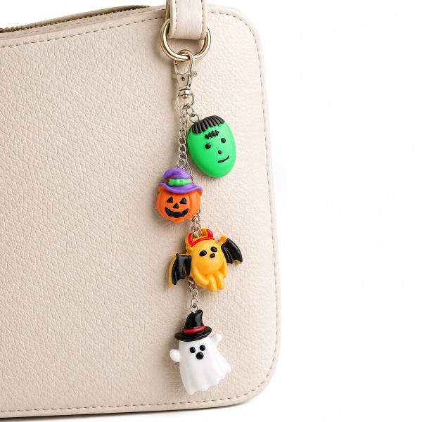 A Halloween-themed keychain charm with four resin figures — Frankenstein, a witch-hat jack-o'-lantern, a devil creature, and a ghost — hanging from a silver lobster clasp on a cream handbag.
