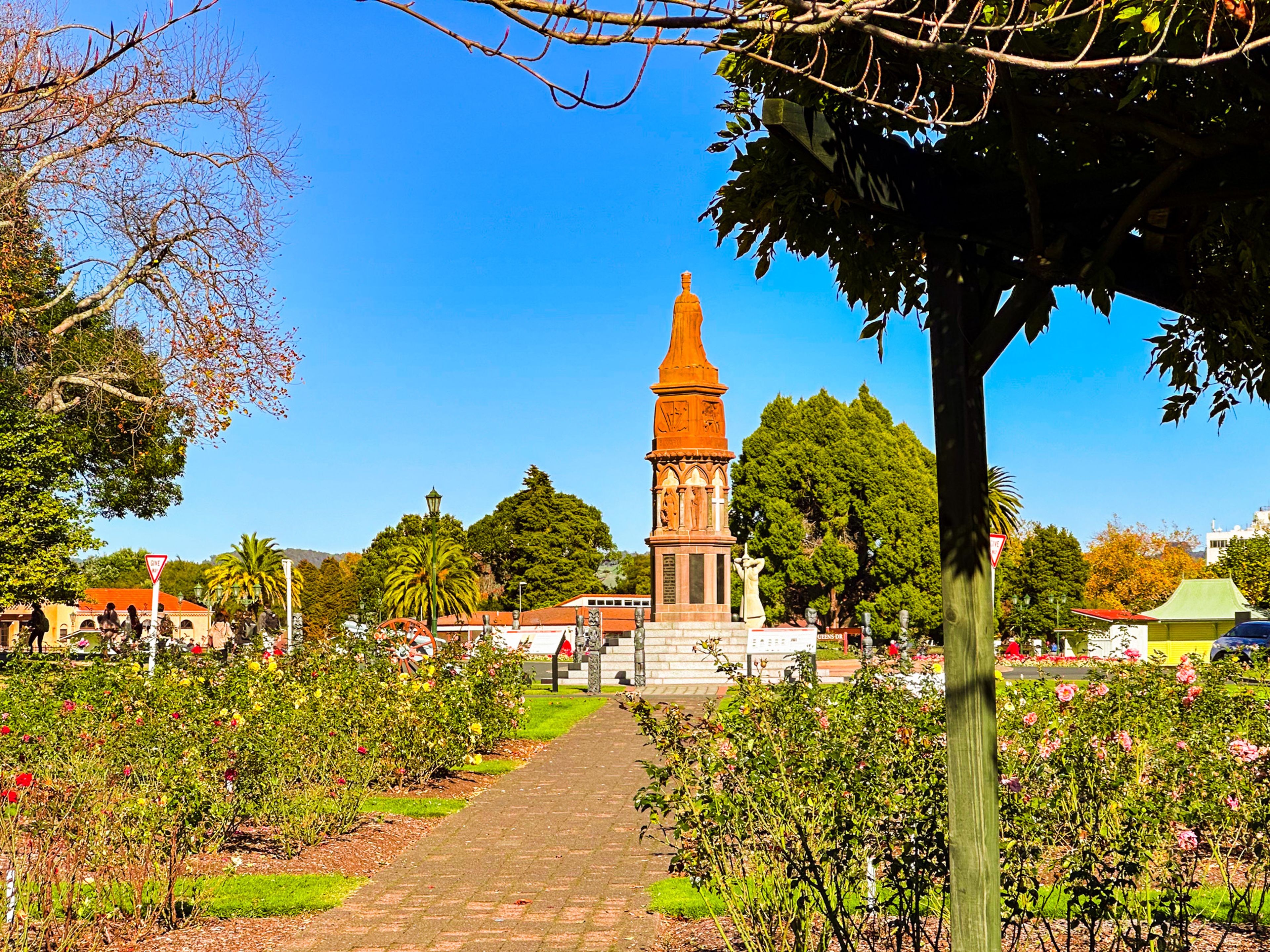 View over the rose gardens to the Arawa War Memorial