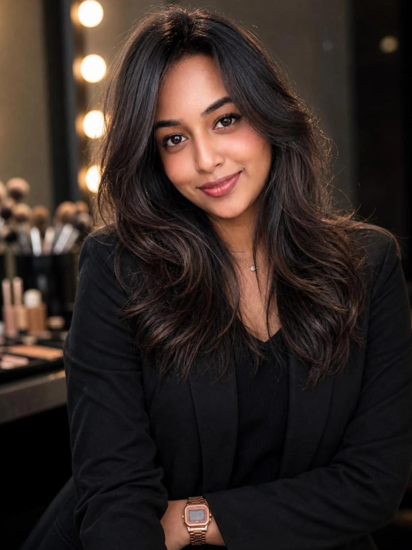 Archanaa, founder and lead artist of Kavi by Archie, in a black blazer beside a vanity-lit makeup station in her Salem studio