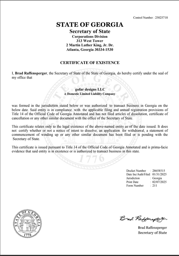 gofar certificate of existance