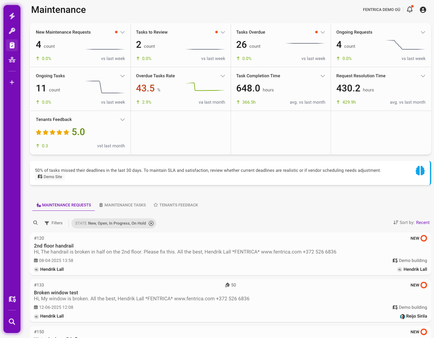 Fentrica Maintenance Dashboard