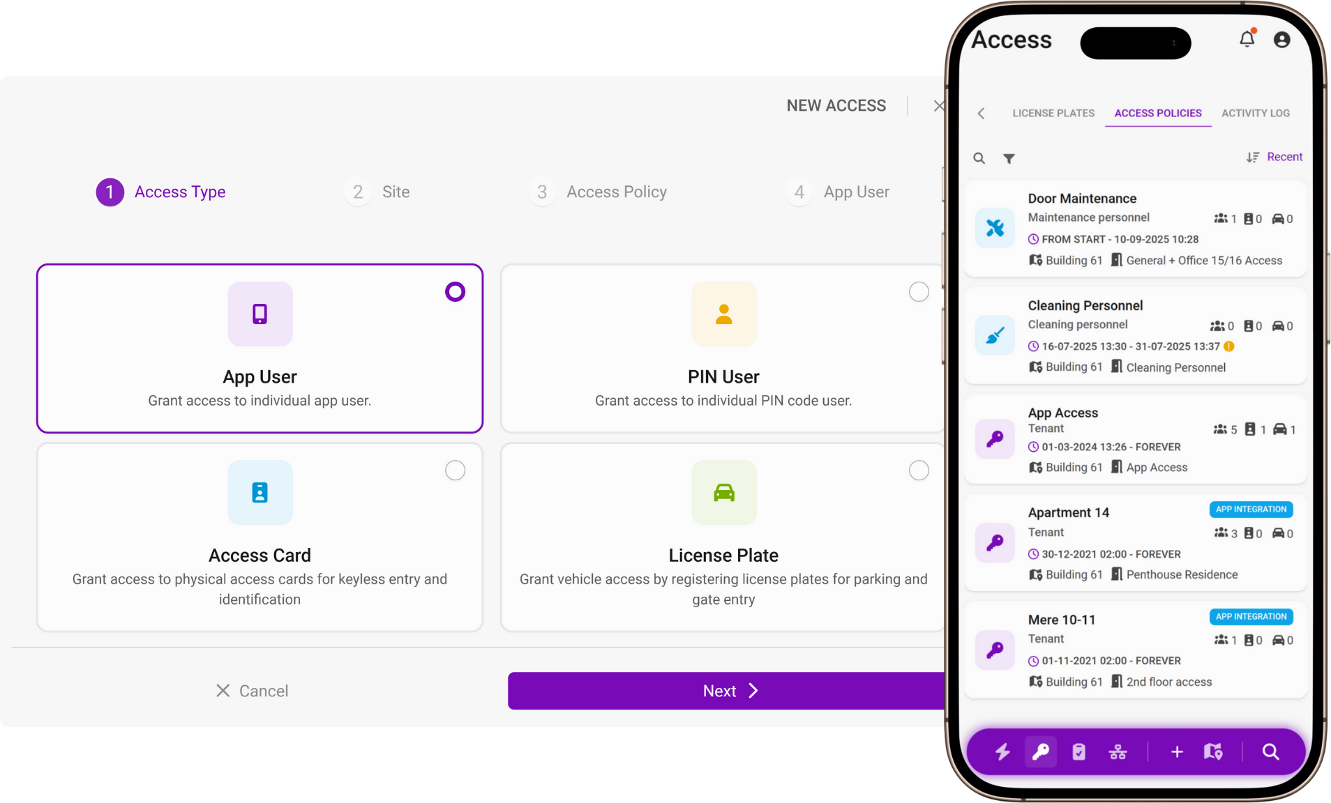 Mobile keys, PINs & licence-plate access