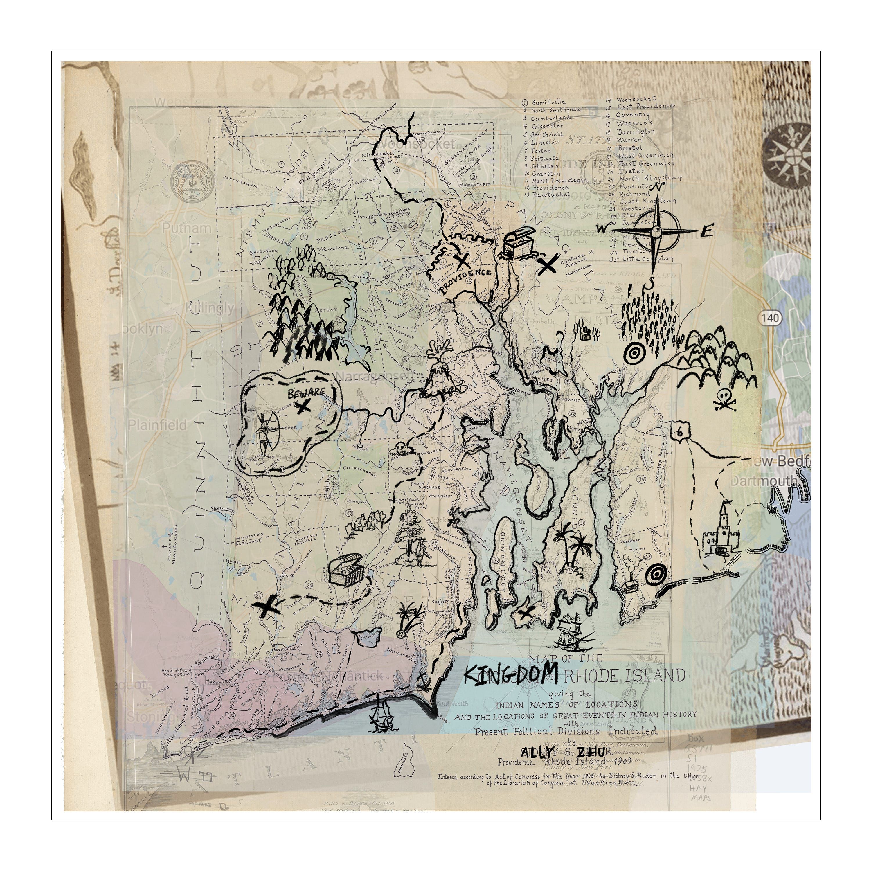 Kingdom of Rhode Island, Part I (2020) Collage of digitized maps with markings