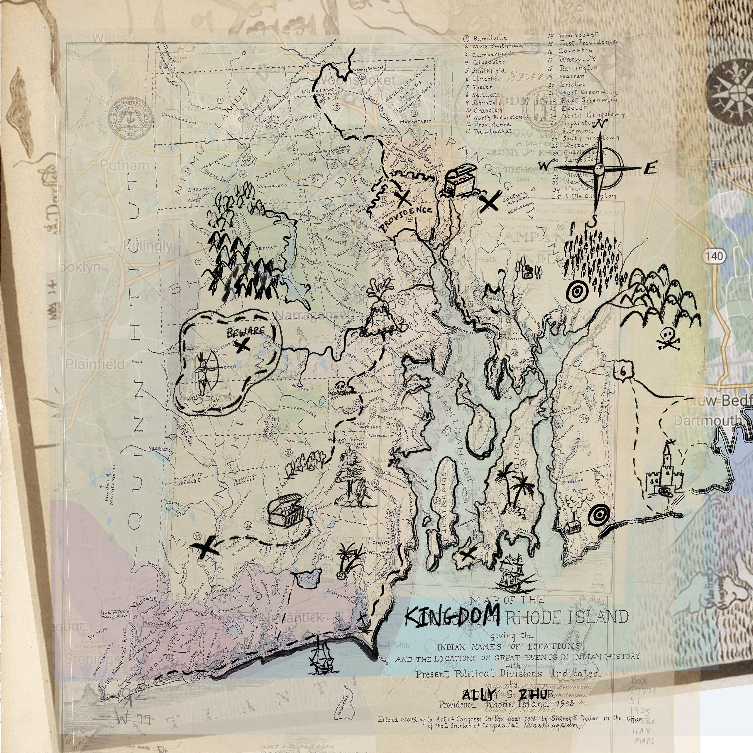 Kingdom of Rhode Island, Part I (2020) Collage of digitized maps with markings