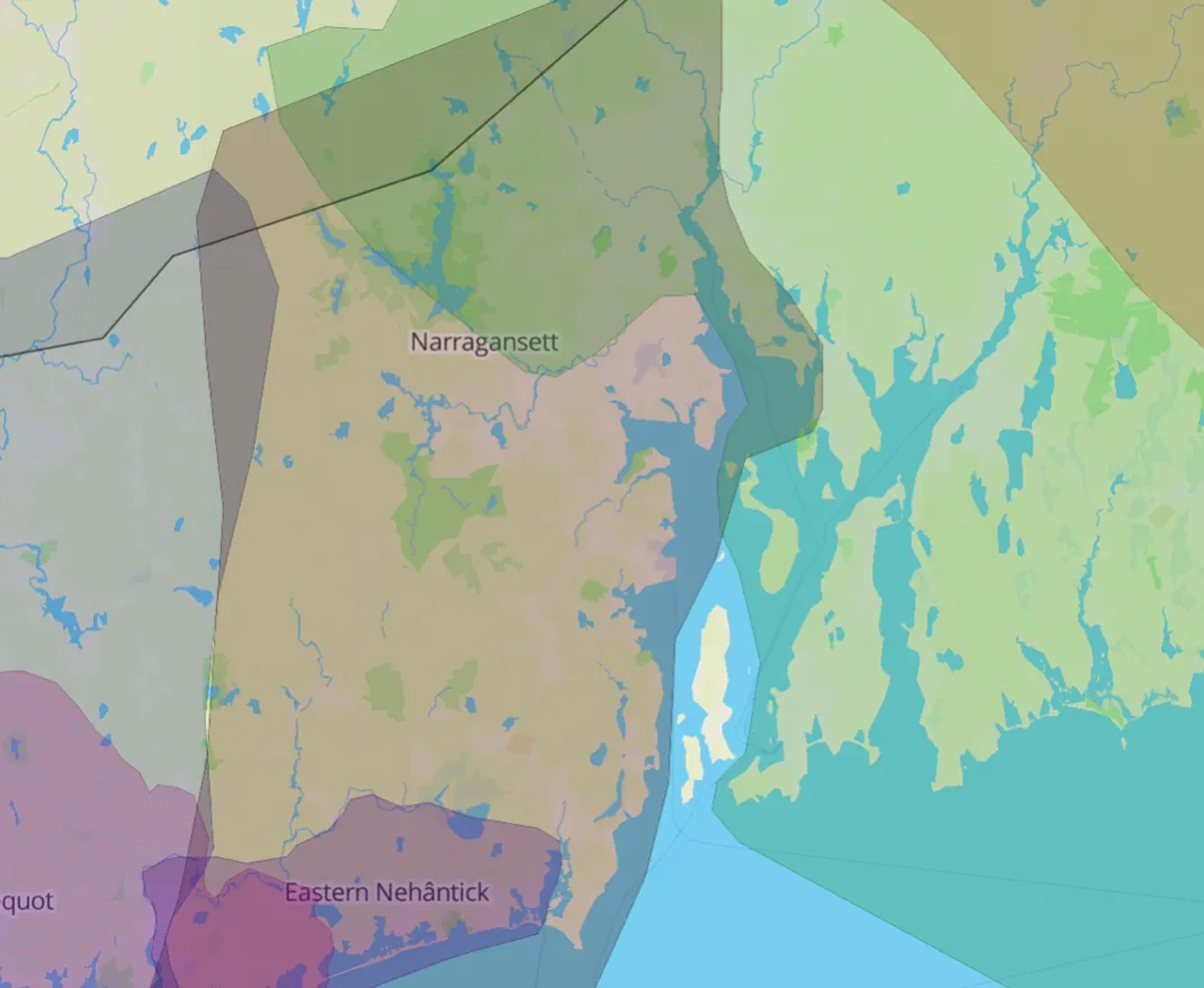Zoomed in view of 'Native Land', a digital map that strives to "map Indigenous territories, treaties, and languages across the world in a way that goes beyond colonial ways of thinking" that is included in the final piece