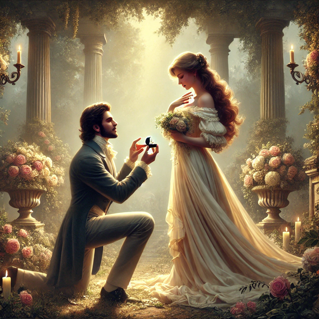 illustration romantique représentant une demande en mariage dans un cadre littéraire classique