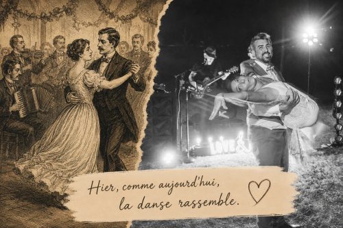 Mariés dansant lors de leur soirée de mariage, associés à une illustration ancienne d’un bal de noces