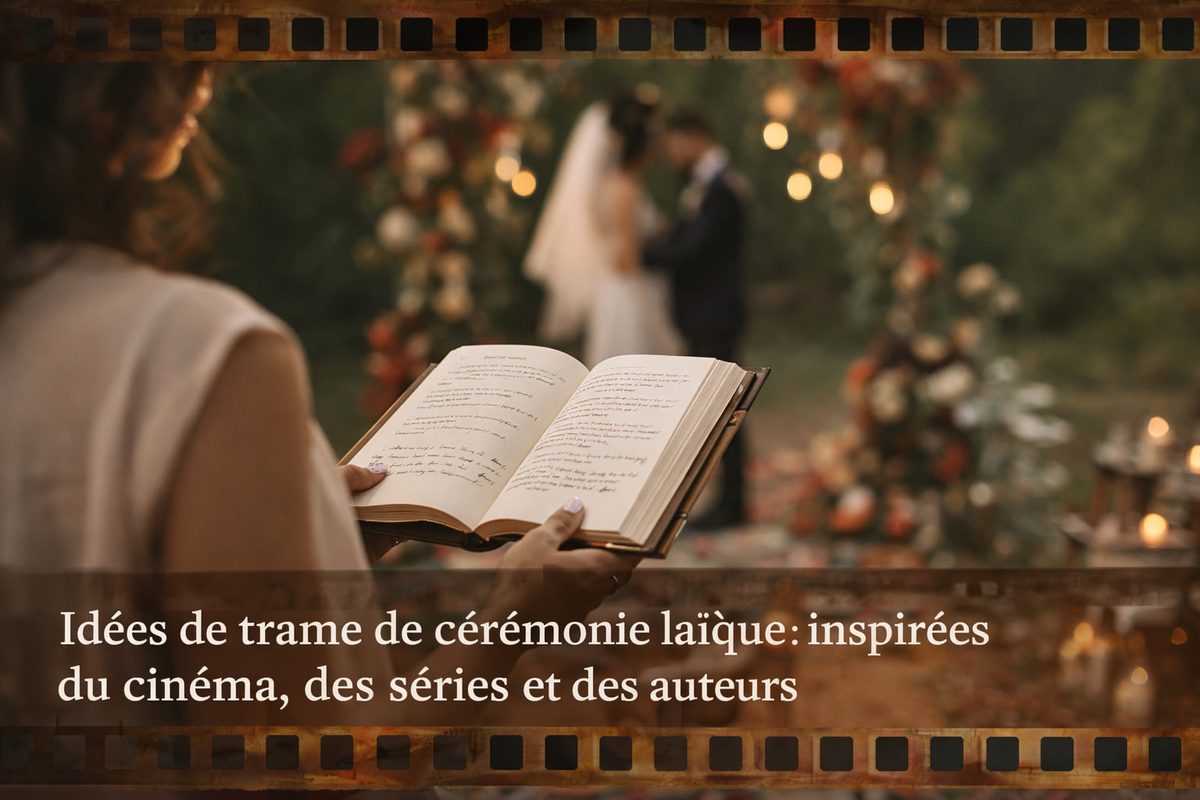 Livret de cérémonie laïque posé sur pupitre, inspiré du cinéma, des séries et de la littérature pour une trame originale et élégante