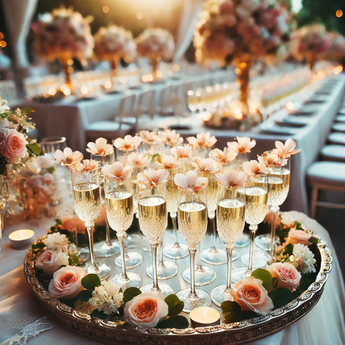 Coupes de champagne avec fleurs comestibles servies lors d’un vin d’honneur de mariage