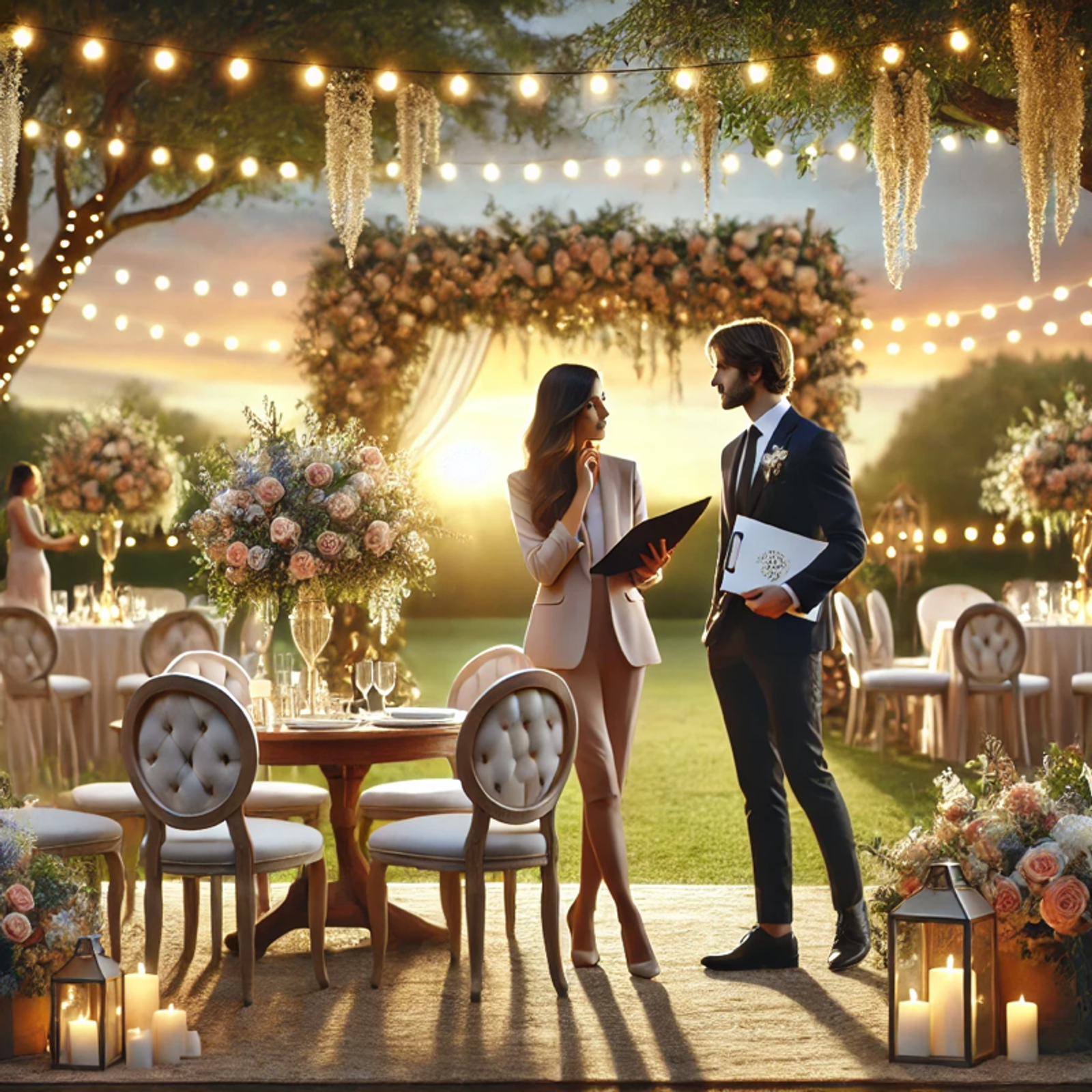 une wedding planner travaillant avec un couple dans un bureau élégant et chaleureux. Cela reflète parfaitement l’atmosphère professionnelle et conviviale d’une planification de mariage réussie