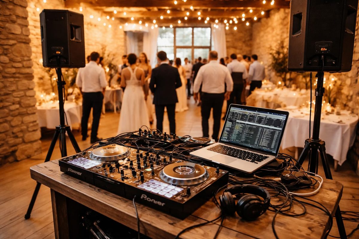 Installation DJ professionnelle lors d’un mariage, avec matériel de sonorisation et table de mixage