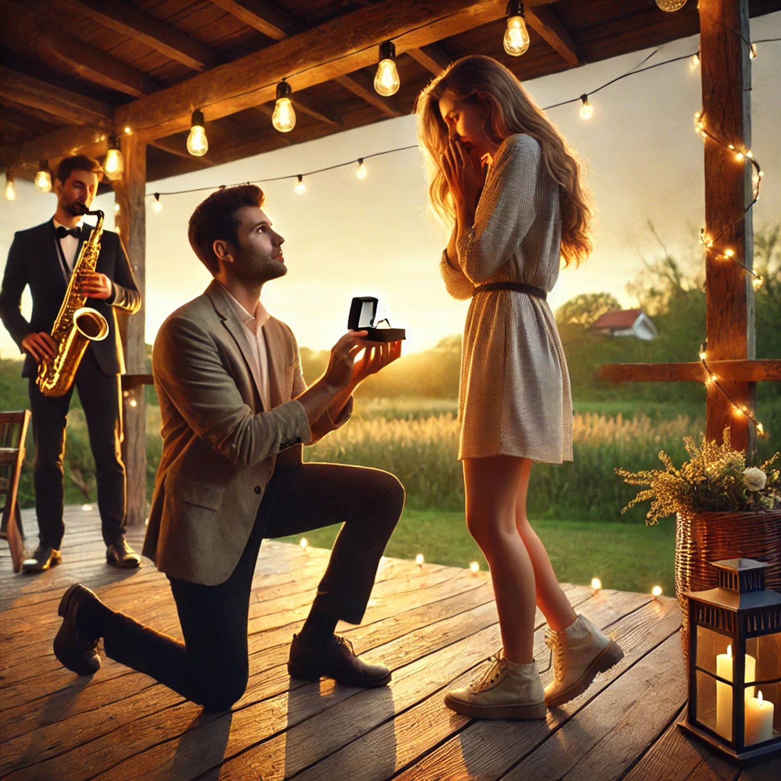 couple amoureux lors d’une demande en mariage romantique avec musique live