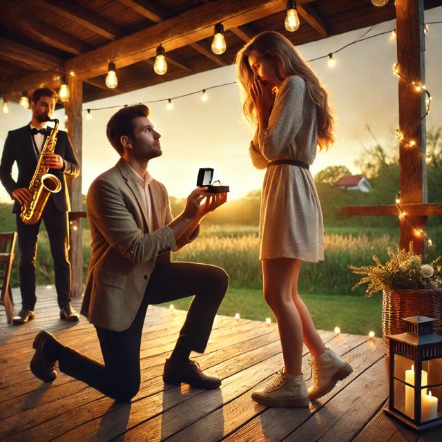 couple amoureux lors d’une demande en mariage romantique avec musique live