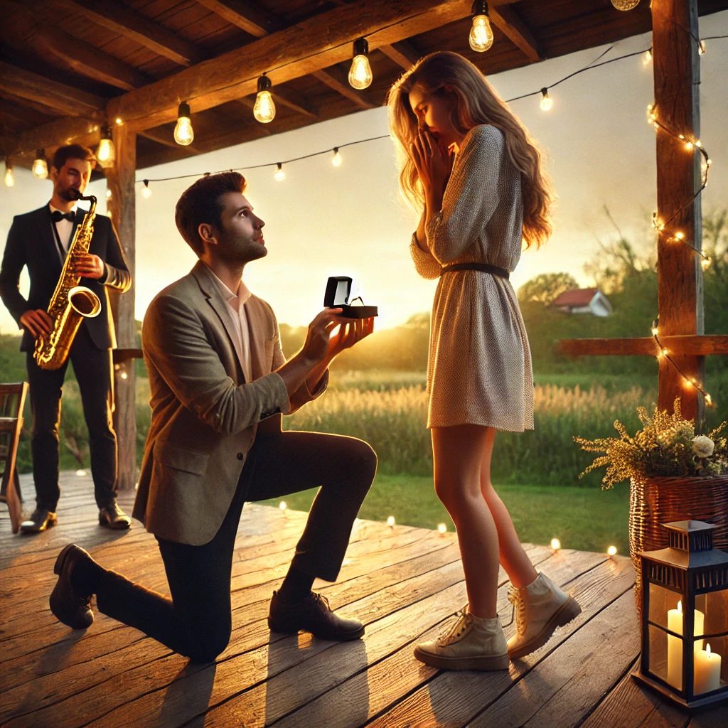 couple amoureux lors d’une demande en mariage romantique avec musique live