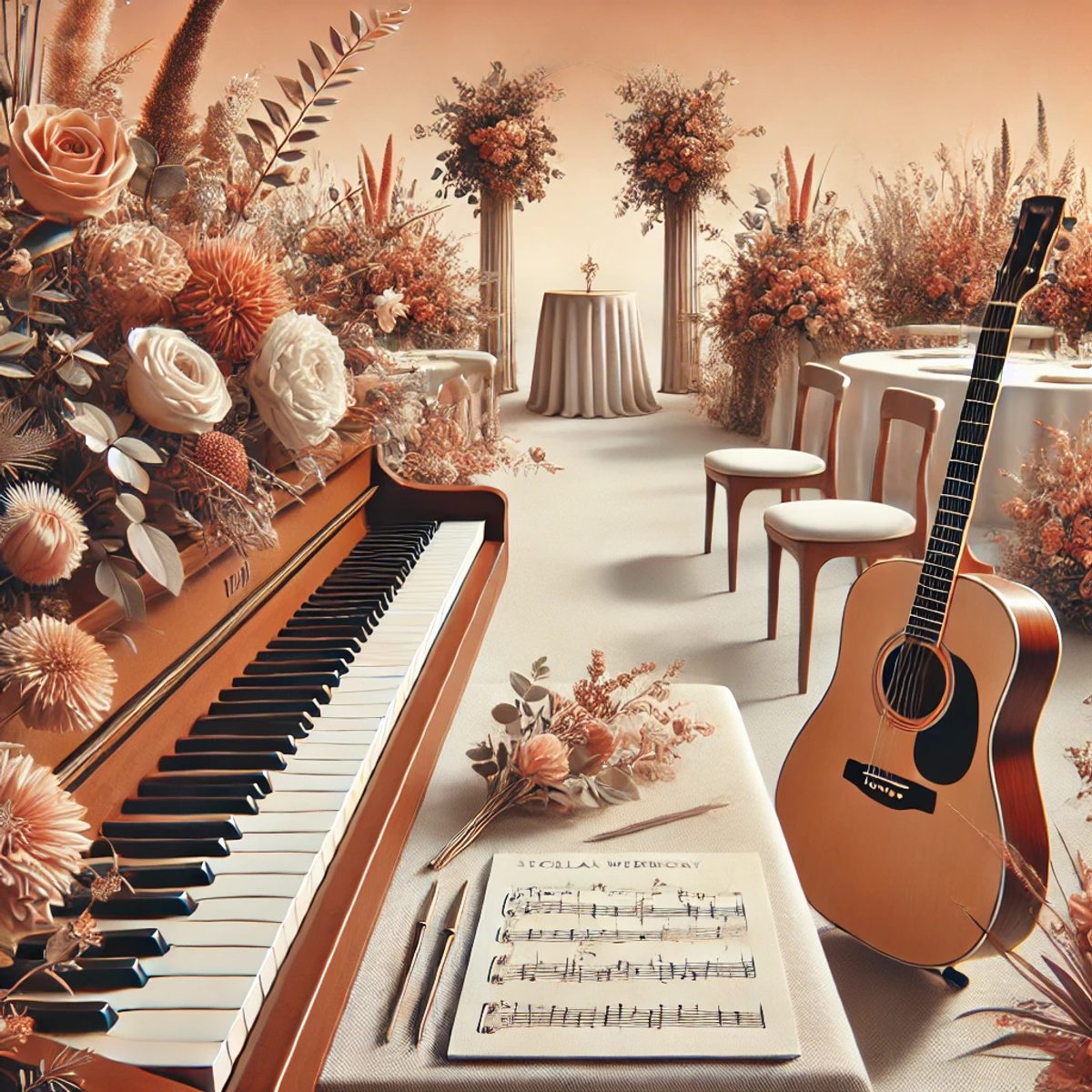 Illustration : piano et guitare décorés de fleurs, partition posée devant, dans un décor de cérémonie laïque élégant.