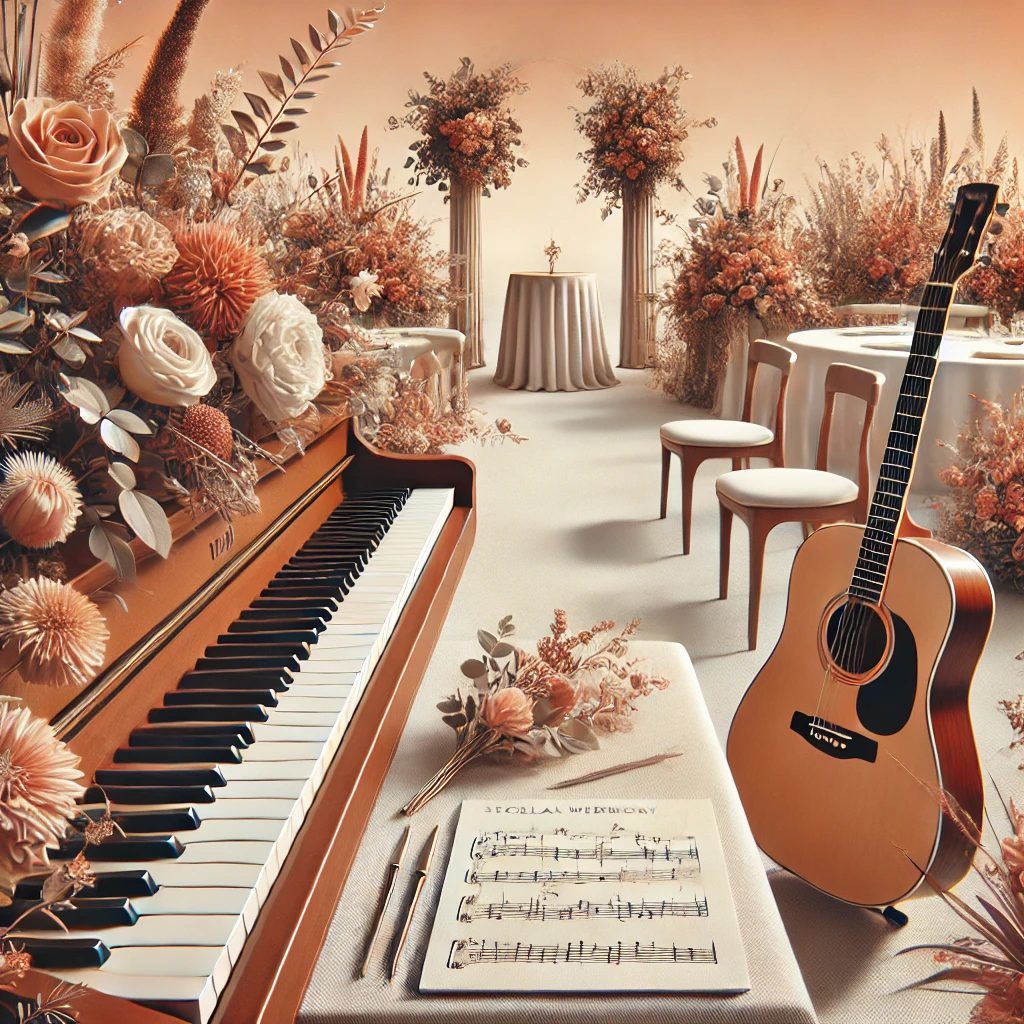 Illustration : piano et guitare décorés de fleurs, partition posée devant, dans un décor de cérémonie laïque élégant.