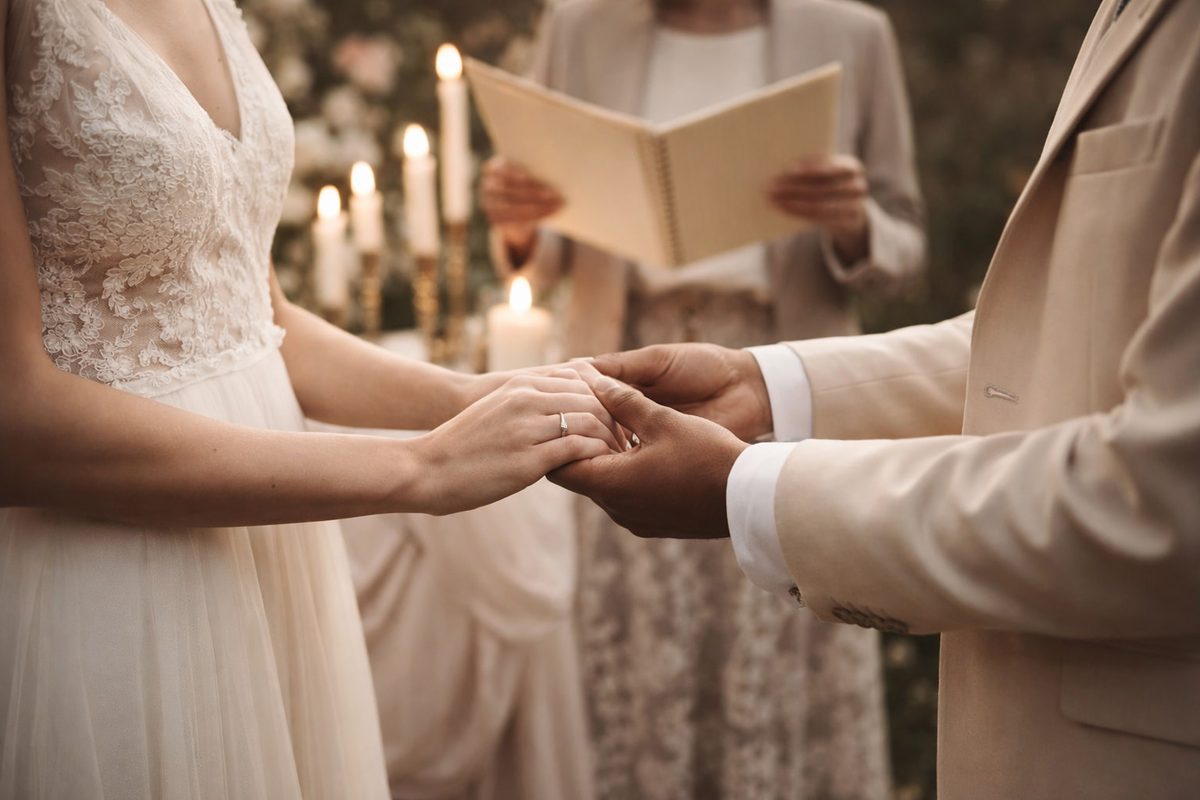 Couple échangeant un texte sur le mariage et engagement lors d’une cérémonie laïque élégante