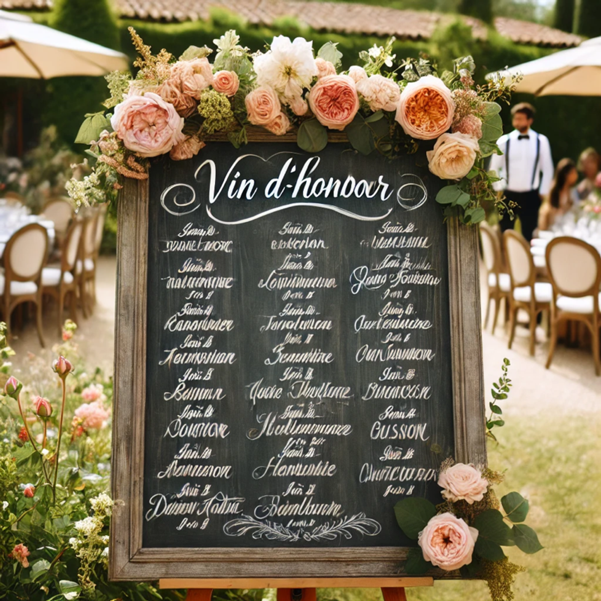Panneau de planning pour un vin d’honneur de mariage, affichant les horaires clés