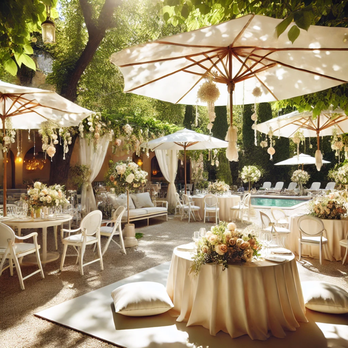 Espace ombragé avec parasols et fauteuils pour un vin d’honneur de mariage en plein air.”