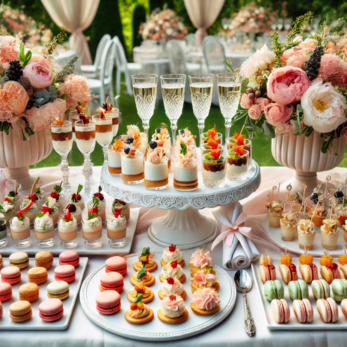Amuse-bouches sophistiqués pour un vin d’honneur de mariage, avec verrines, brochettes et macarons.”