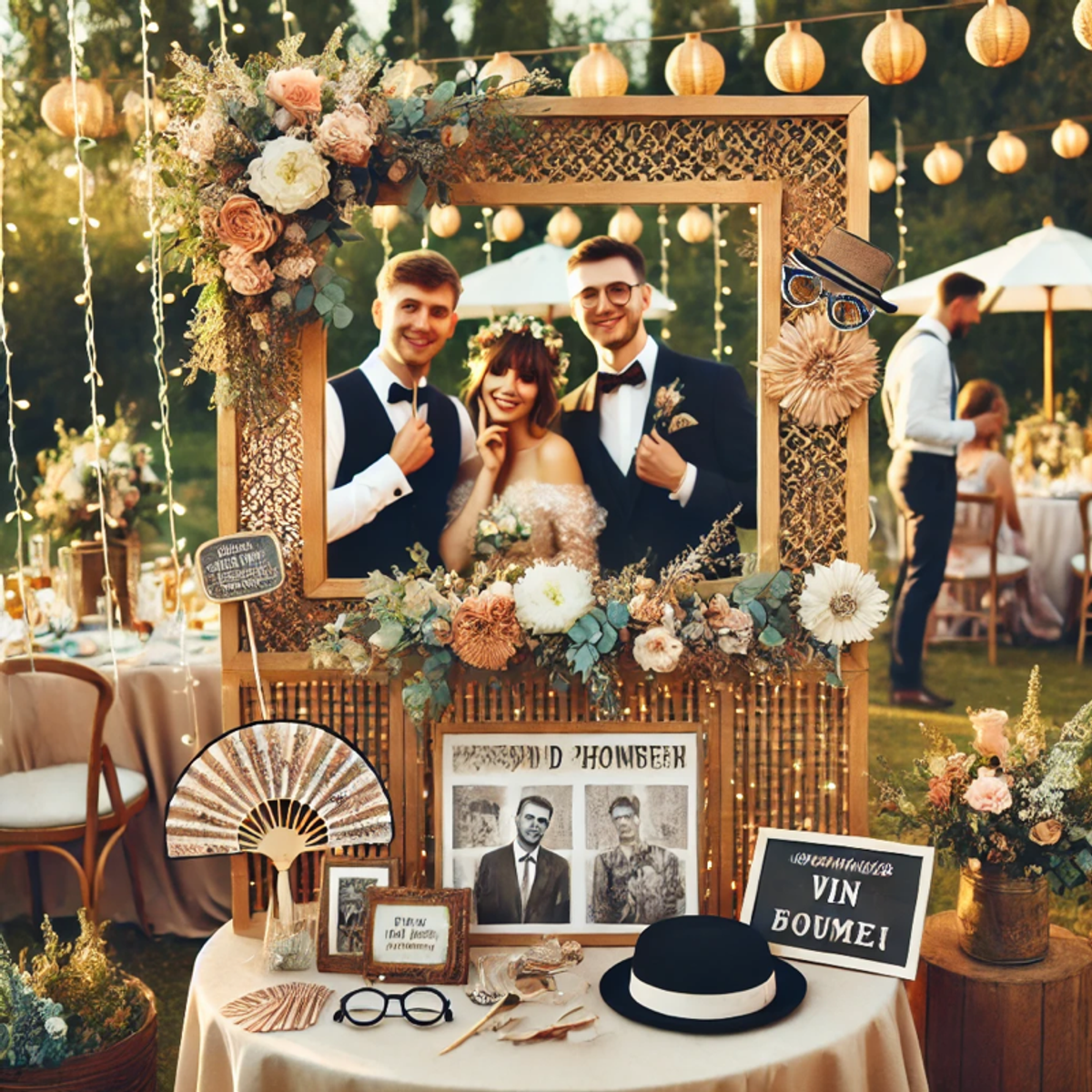 Borne photo décorée pour un vin d’honneur de mariage, avec accessoires amusants et invités souriants.