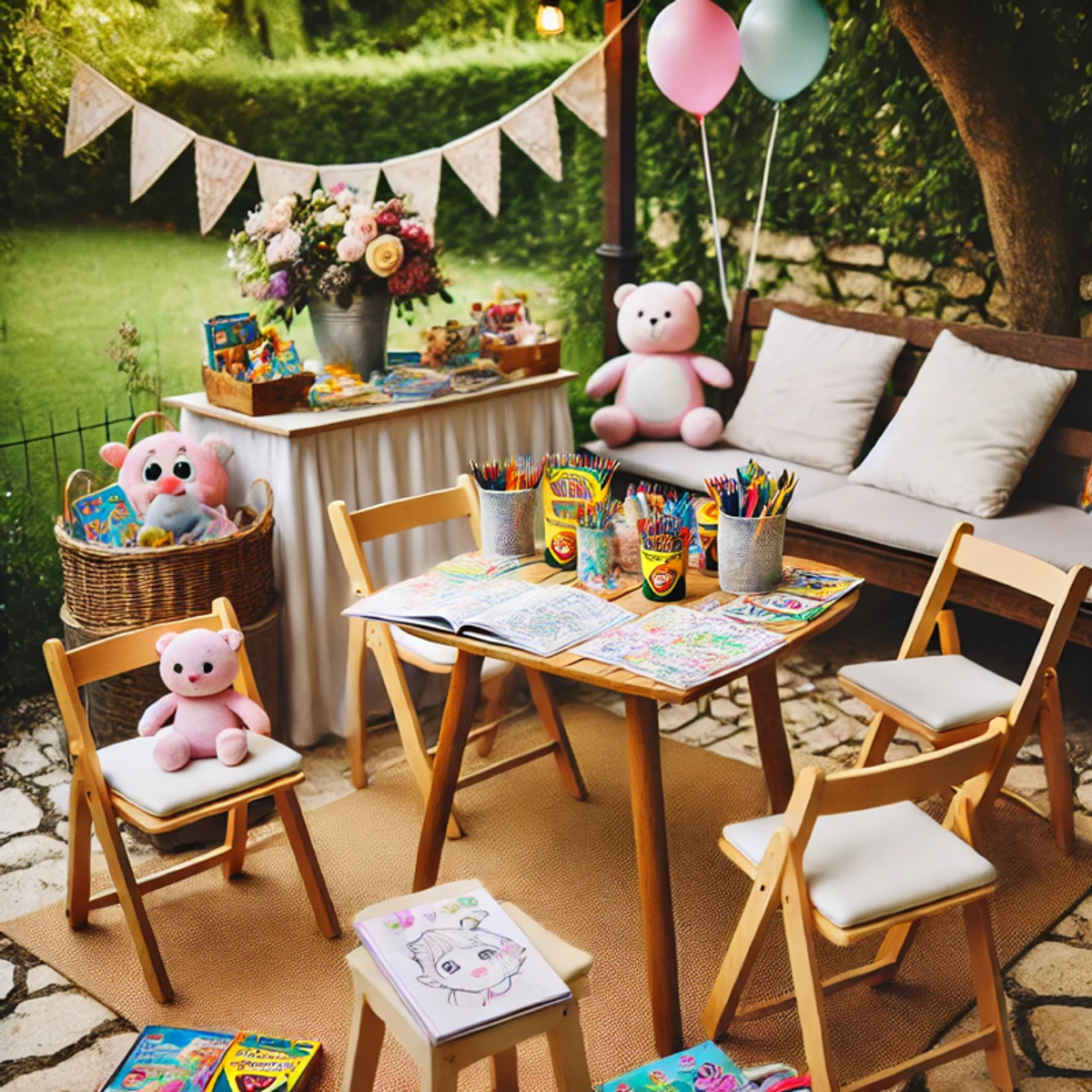 Coin enfants aménagé avec des jeux et des coloriages pour un vin d’honneur de mariage
