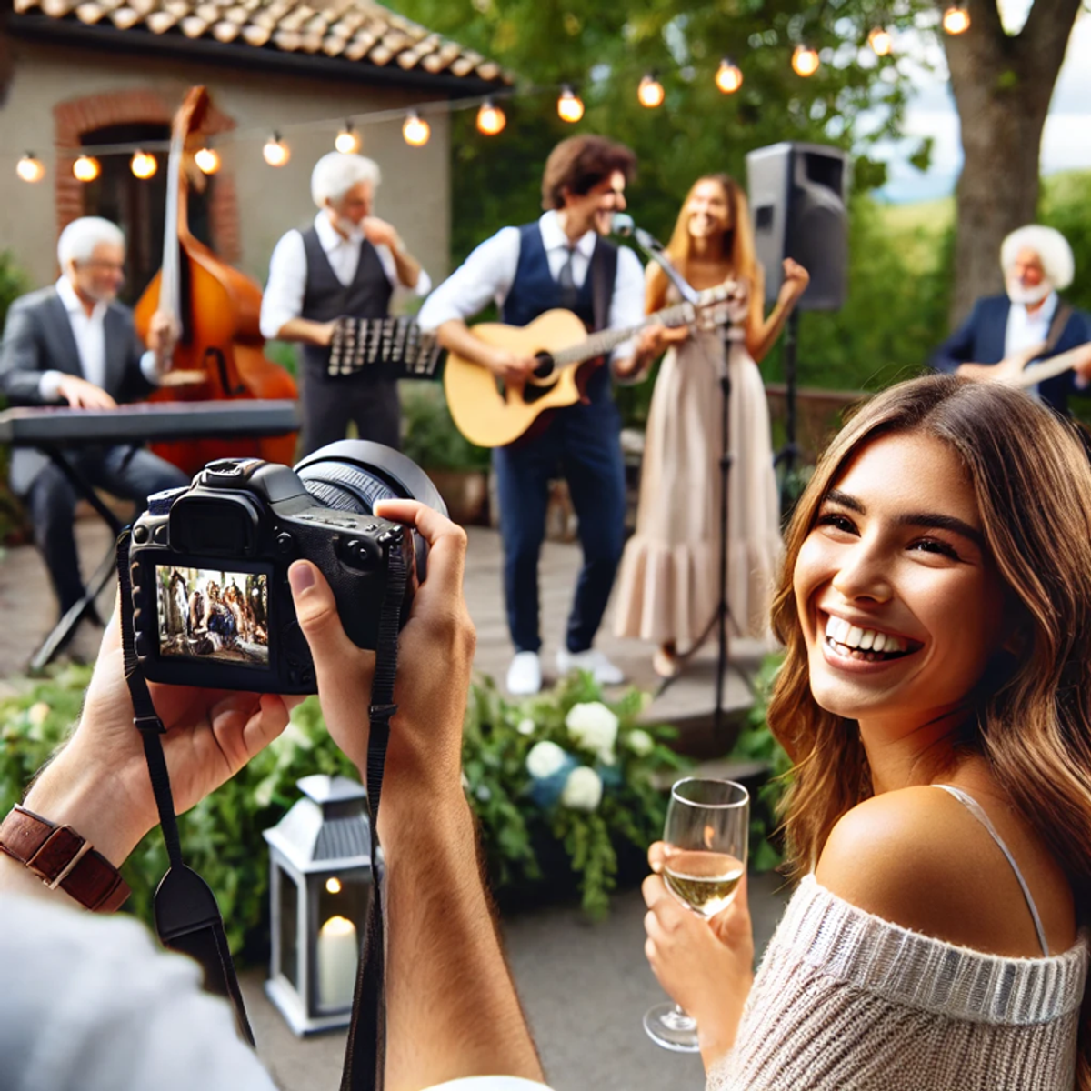 Photographe capturant les moments clés, avec des invités souriants et une animation musicale live en arrière-plan.