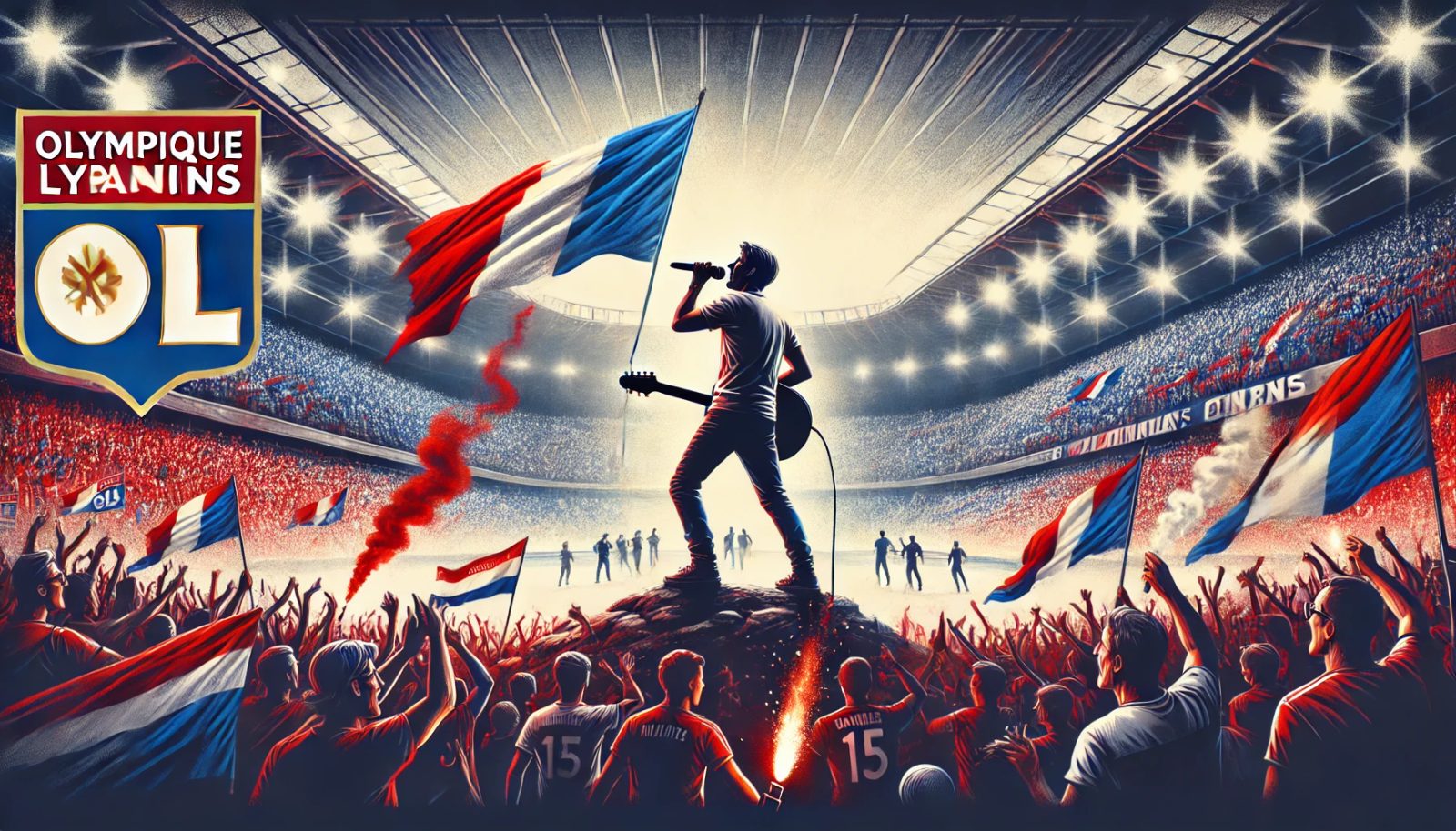📌 Illustration d’un stade de l’OL enflammé avec des supporters brandissant des drapeaux rouge, bleu et blanc. Un chanteur interprète une chanson sur scène, capturant l’énergie d’un hymne de supporters.