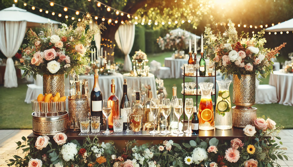 Bar à cocktails élégant avec des boissons variées, incluant vin, champagne et eaux infusées pour un vin d’honneur de mariage.