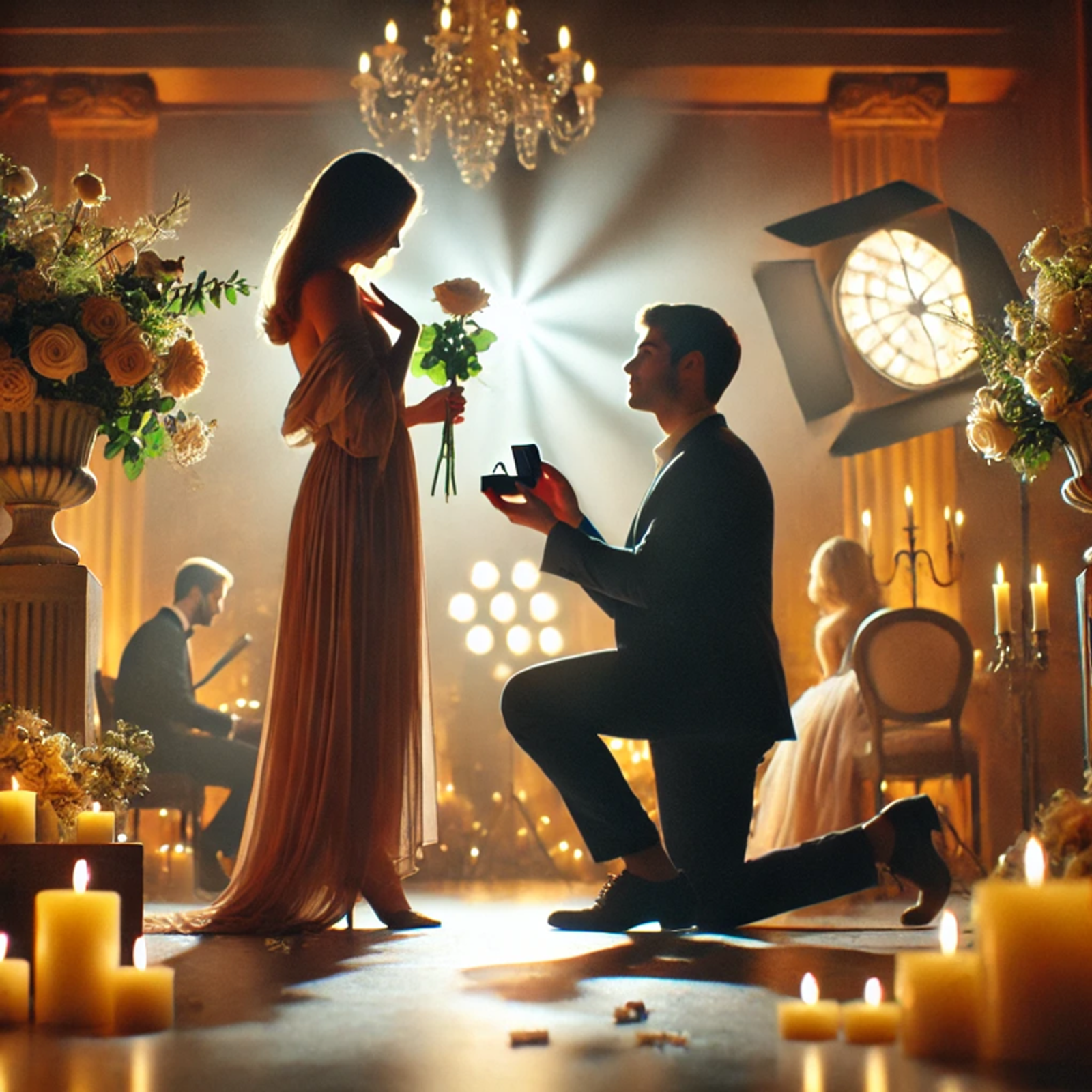 Une scène romantique représentant une demande en mariage dans un cadre élégant. Un homme en costume est agenouillé, tenant une bague, face à une femme en robe fluide. L’ambiance est chaleureuse, avec des fleurs et des lumières douces créant une atmosphère cinématographique et pleine d’émotion