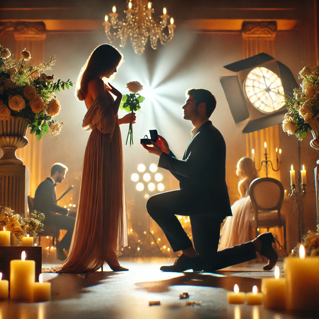 Une scène romantique représentant une demande en mariage dans un cadre élégant. Un homme en costume est agenouillé, tenant une bague, face à une femme en robe fluide. L’ambiance est chaleureuse, avec des fleurs et des lumières douces créant une atmosphère cinématographique et pleine d’émotion