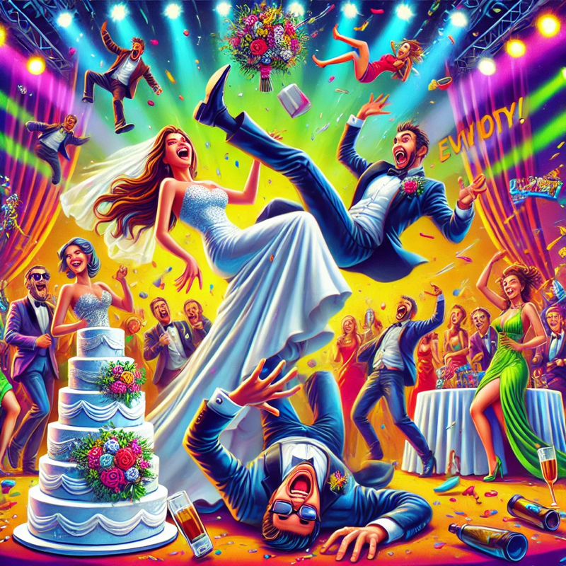 Illustration vibrante et humoristique inspirée d’un film de mariage drôle. Une mariée rit tandis que le marié trébuche, un gâteau bascule, et des invités dansent de manière exagérée. Des détails comiques comme un bouquet volant et des tenues extravagantes créent une ambiance festive, chaotique et pleine d’énergie, typique d’une scène hilarante de comédie.