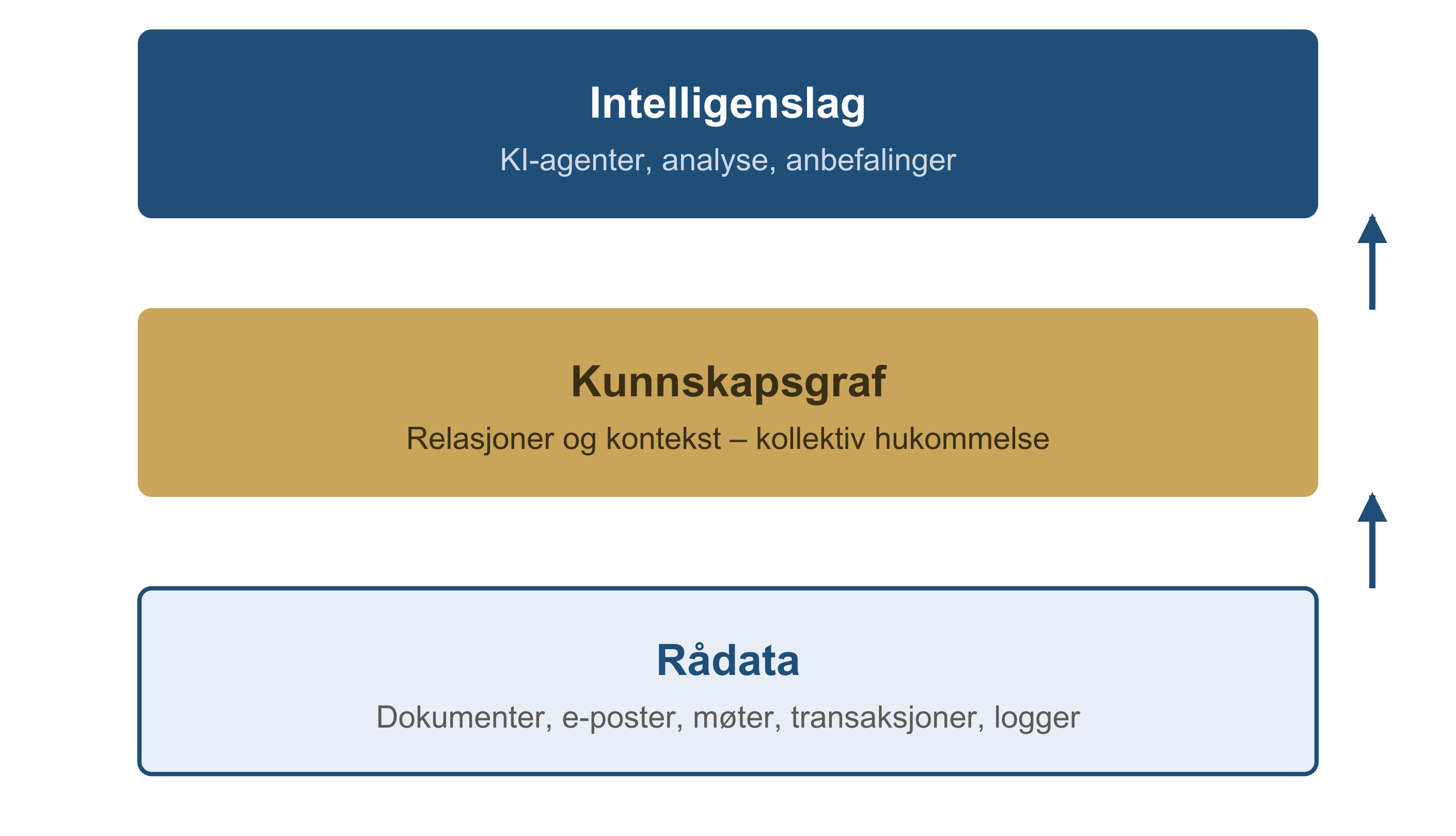 Diagram of a three-layer data processing model: Raw Data (documents, logs), feeding into a Knowledge Graph (relations, context), which then supports an Intelligence Layer (AI agents, analysis, recommendations).