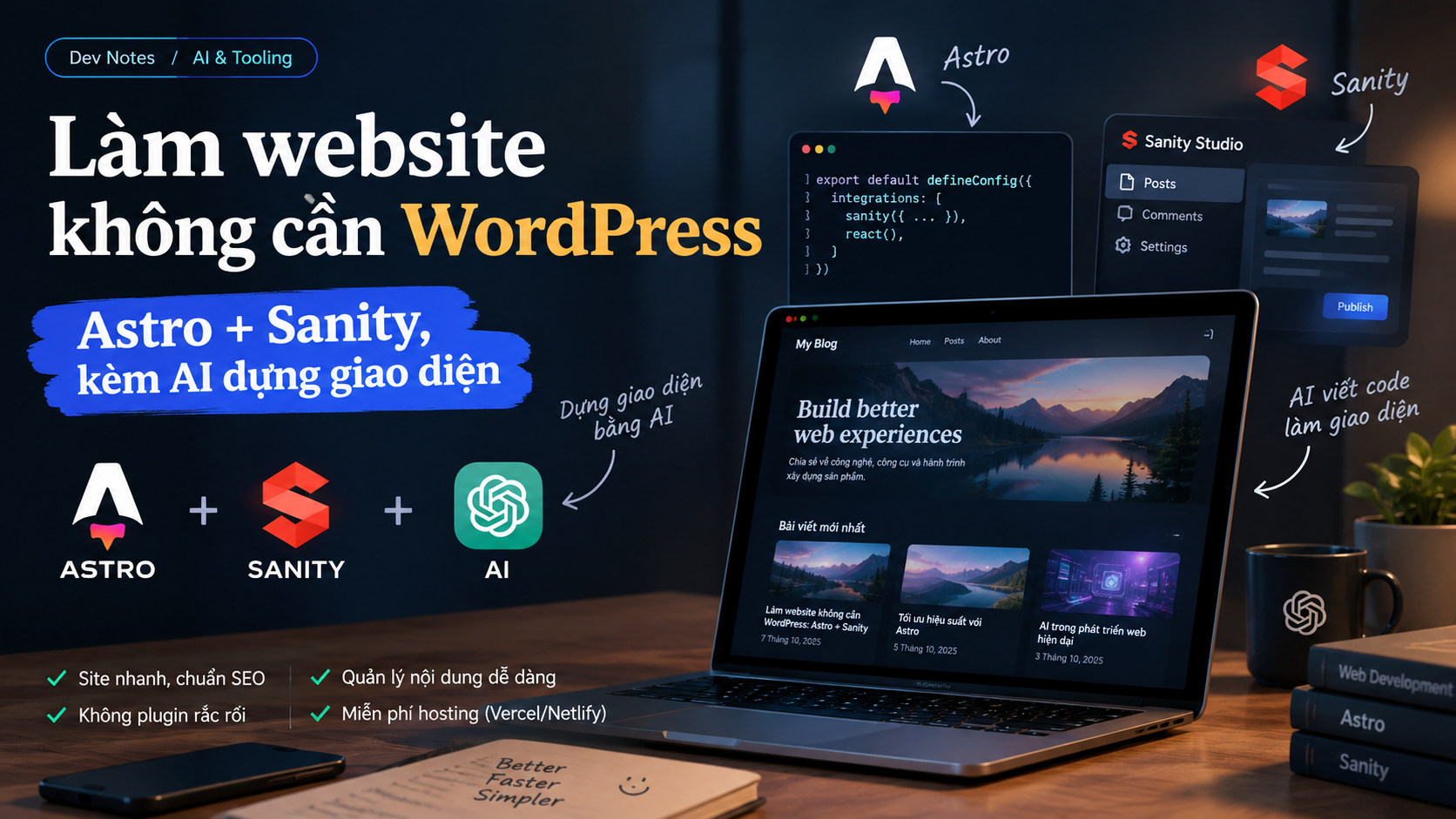 Logo Astro, Sanity và AI cạnh một laptop đang mở blog dựng bằng Astro