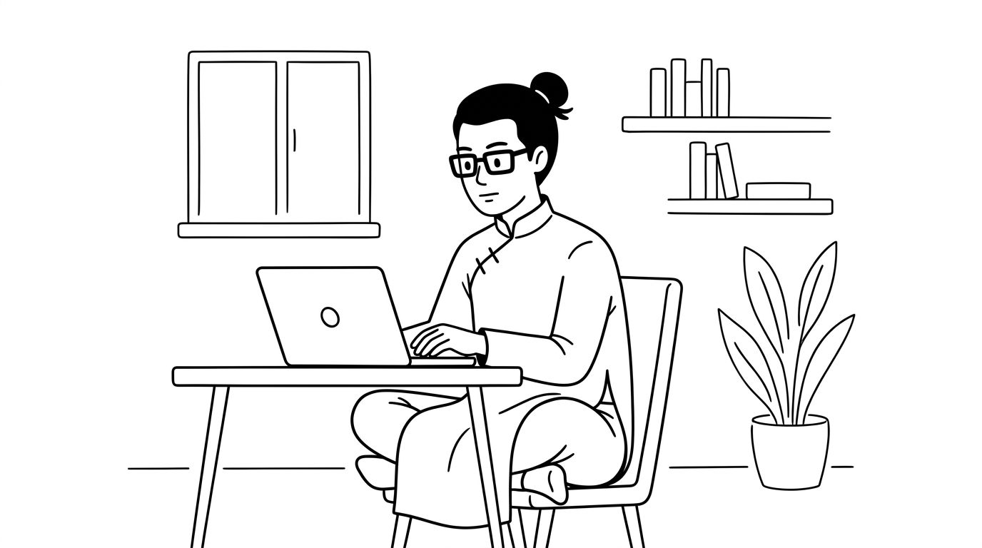 Minh hoa net ve: mot nguoi ngoi lam viec voi laptop ben cua so