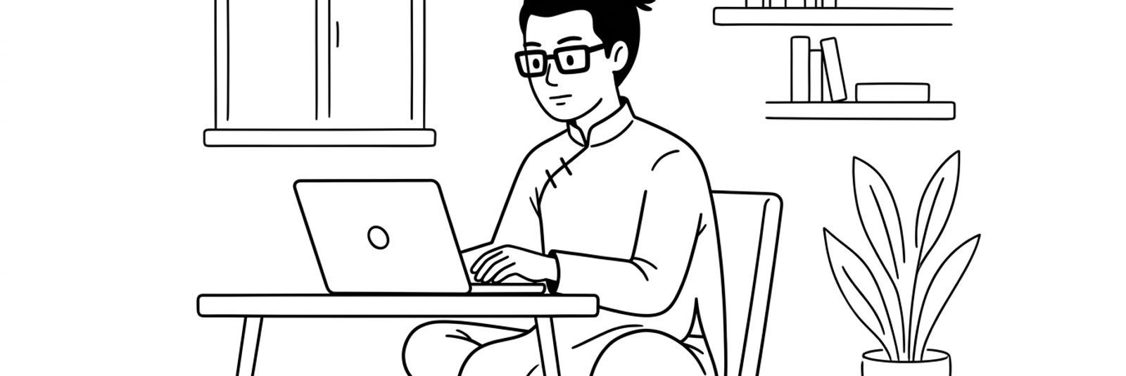 Minh hoa net ve: mot nguoi ngoi lam viec voi laptop ben cua so