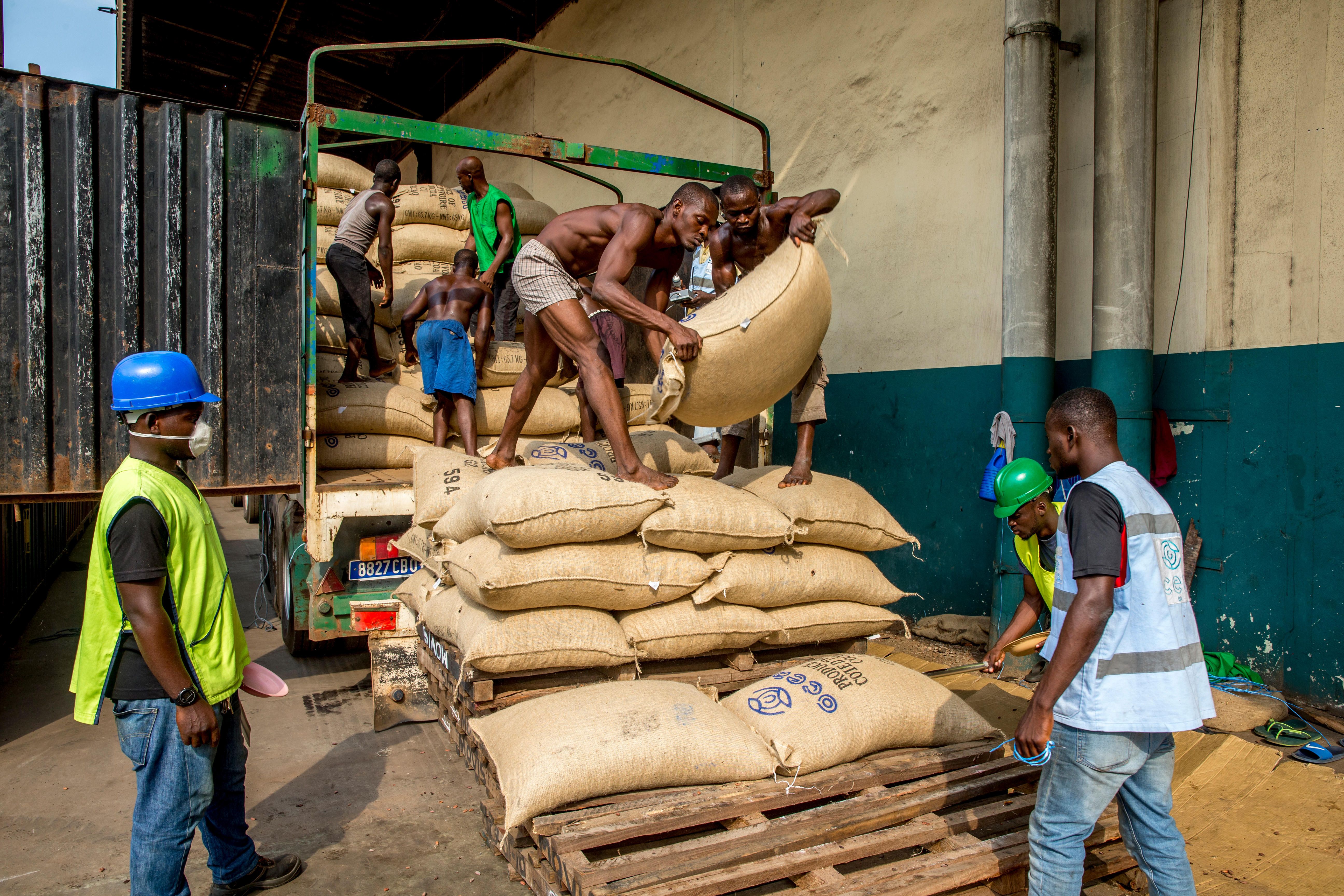 Unloading sacks of cocoa at Abidjan port, Côte d’Ivoire