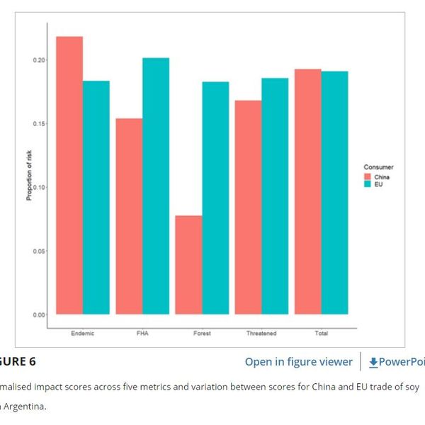 Normalised impact scores across five metrics and variation between scores for China and EU trade of soy with Argentina